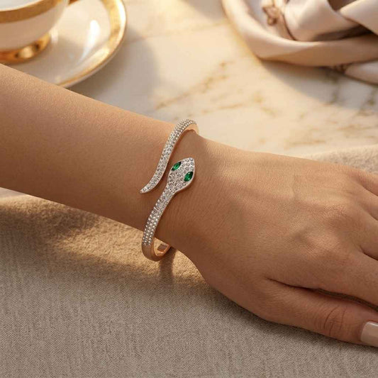 Emerald-Eyed Snake Pave Cuff Bangle Bracelet