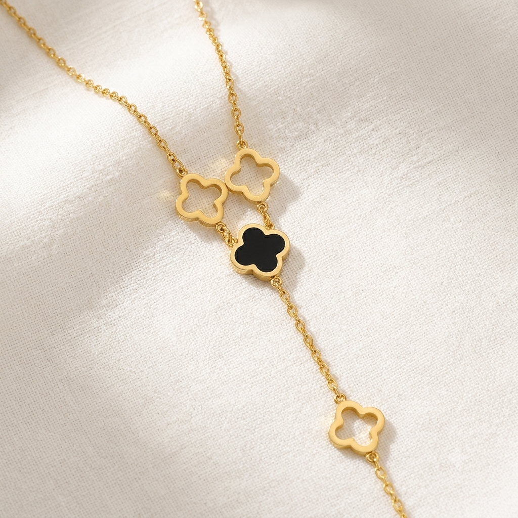 Black & Gold Clover Locket Lariat Necklace | Stainless Steel Y-Drop Locket Chain