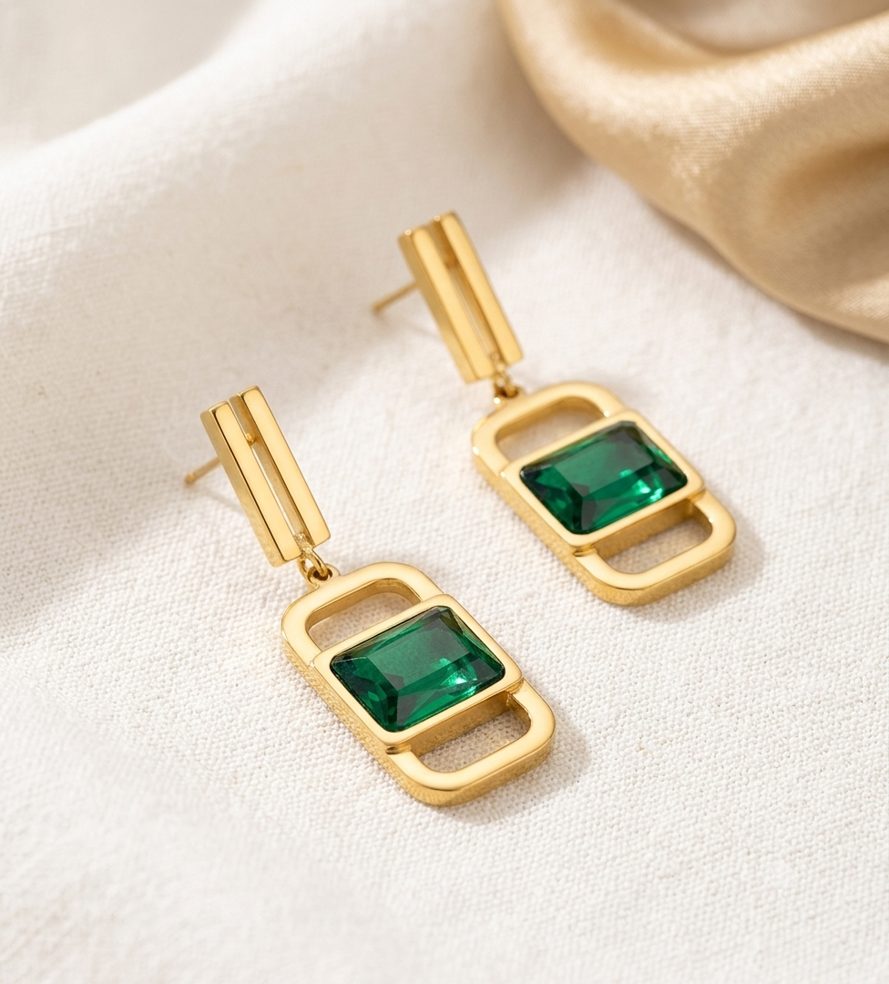 Geometric Rectangle Drop Earrings | Gold-Plated with Green Emerald-Cut Crystals