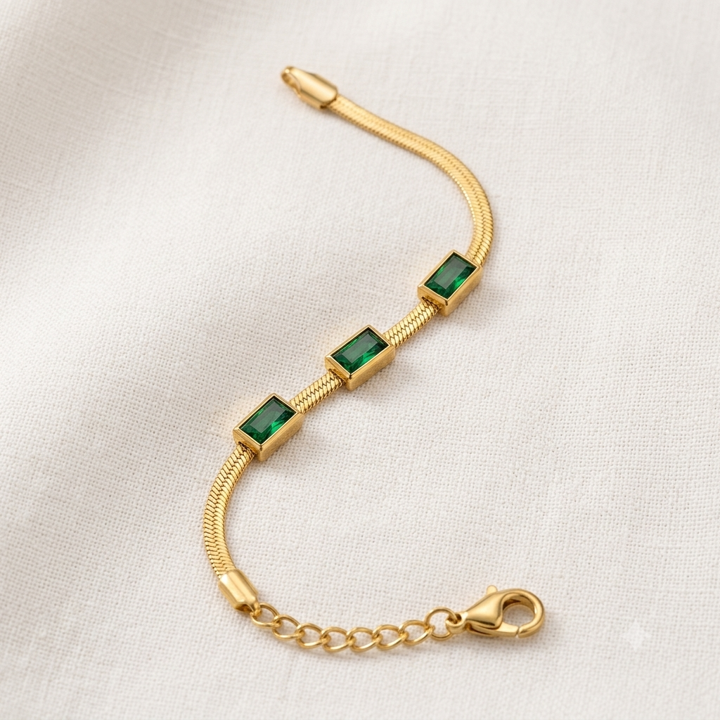 Emerald Crystal Gold Herringbone Bracelet