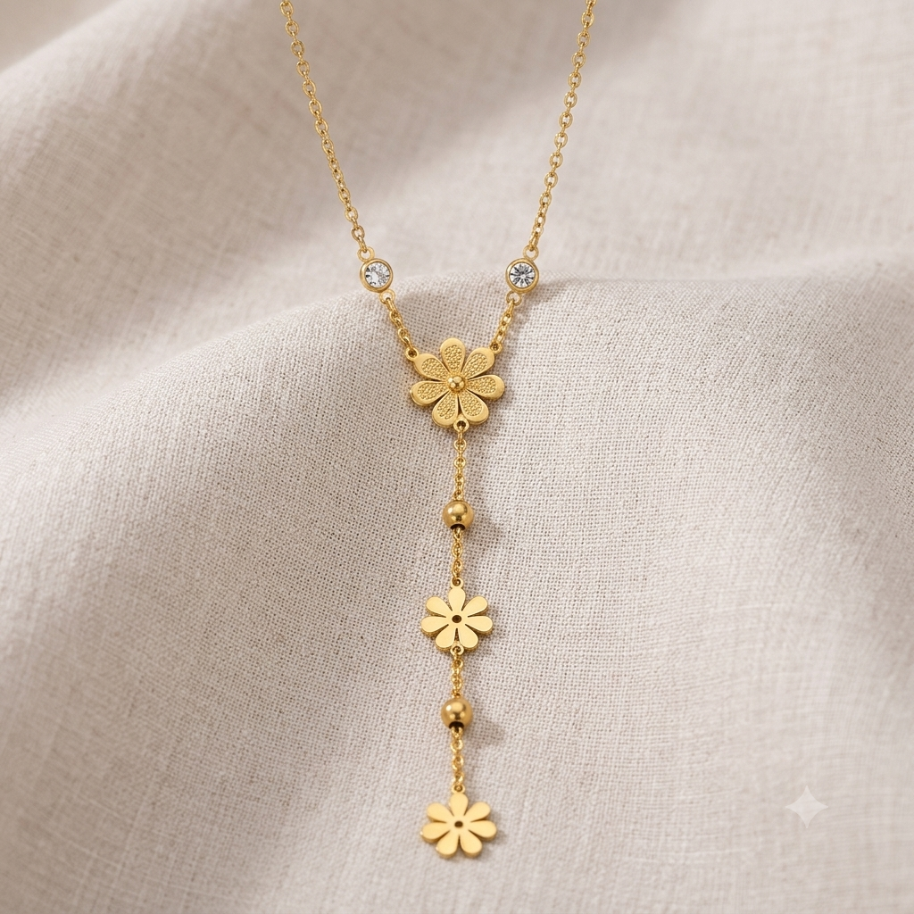 Gold Floral Crystal Lariat Locket Necklace | Stainless Steel Flower Drop Chain