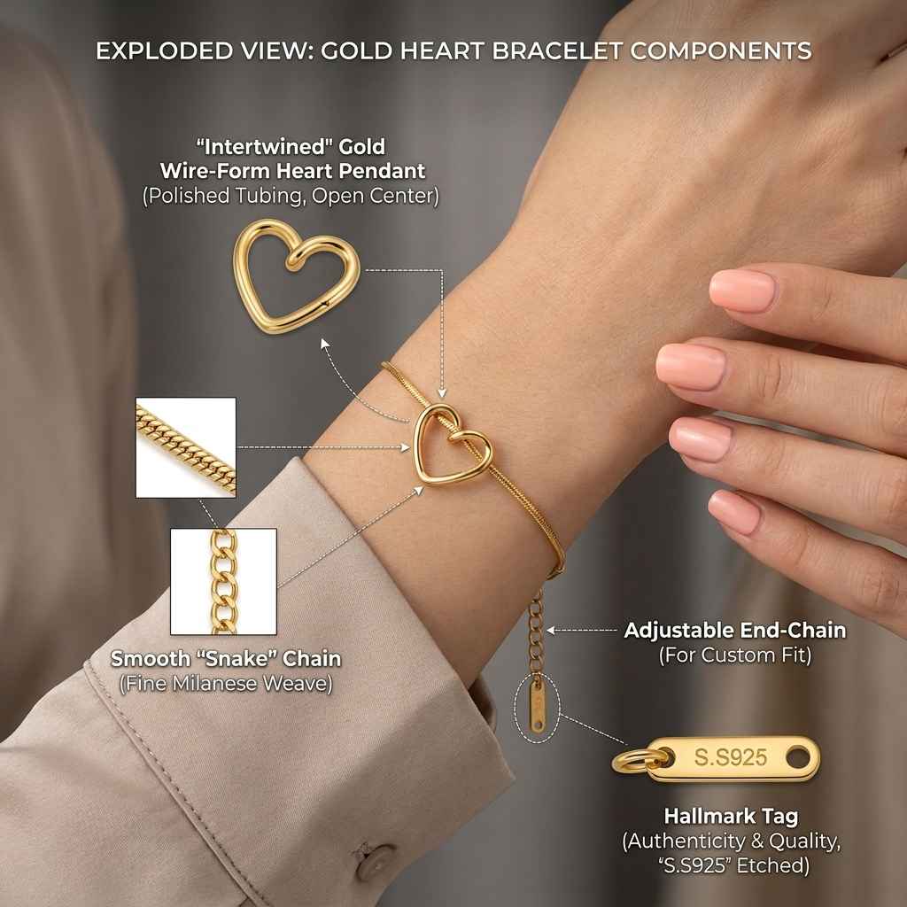 Exploded view infographic of a gold heart bracelet worn on a person's wrist, showing the heart-shaped pendant, snake chain, adjustable end chain, and hallmarked tag, with close-up inset details.