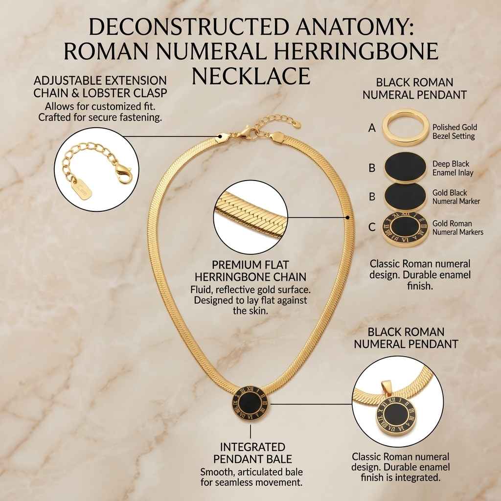 An infographic detailing the construction of a Roman Numeral Herringbone Necklace, showing a main necklace with labeled callouts for the adjustable chain, flat herringbone chain, pendant, and numeral design. The image features a warm beige marble background.