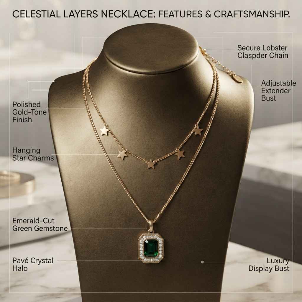 A gold-tone layered necklace displayed on a dark brown jewelry bust, featuring a square emerald-cut green gemstone pendant with a pavé crystal halo and small hanging star charms. Text callouts label key features such as lobster clasp chain, adjustable extender bust, polished gold-tone finish, and pavé crystal halo.