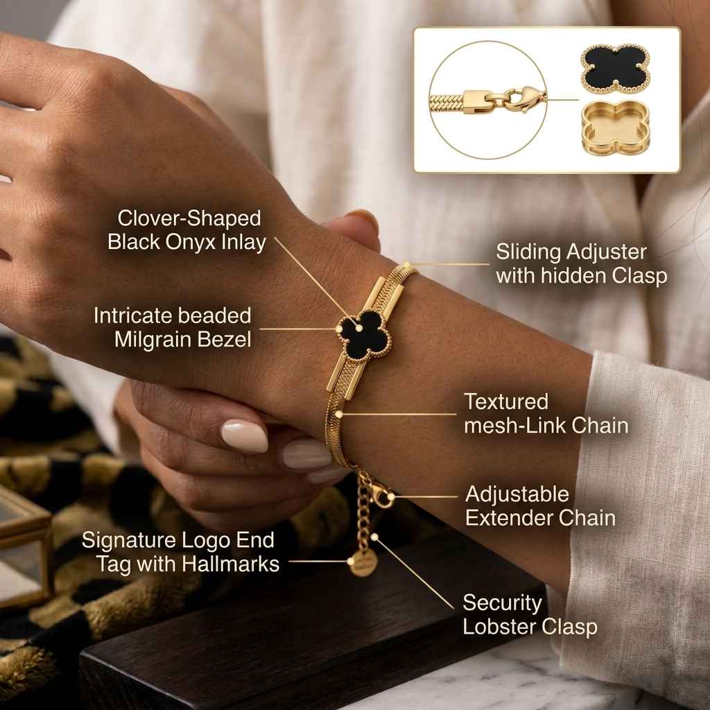 A gold-toned beaded bracelet with a black clover-shaped onyx inlay is shown worn on a person's wrist, with overlaid callouts naming features such as the sliding adjuster, textured mesh-link chain, extender chain, and security lobster clasp. A small inset at the top right shows a close-up of the clasp detail.