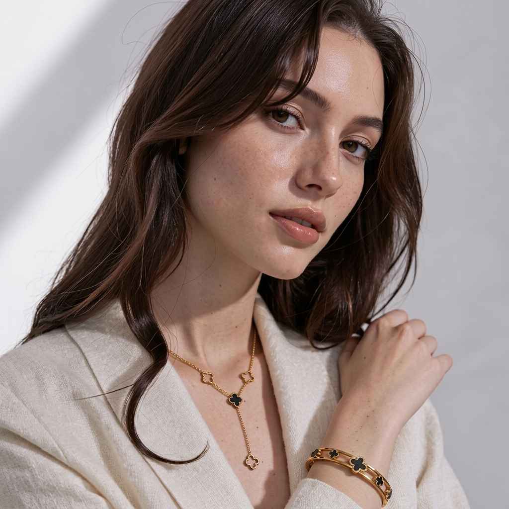 A close-up lifestyle shot of a woman with long brown hair wearing a gold necklace and bracelet with black flower accents, paired with a cream-colored blazer against a light gray background.