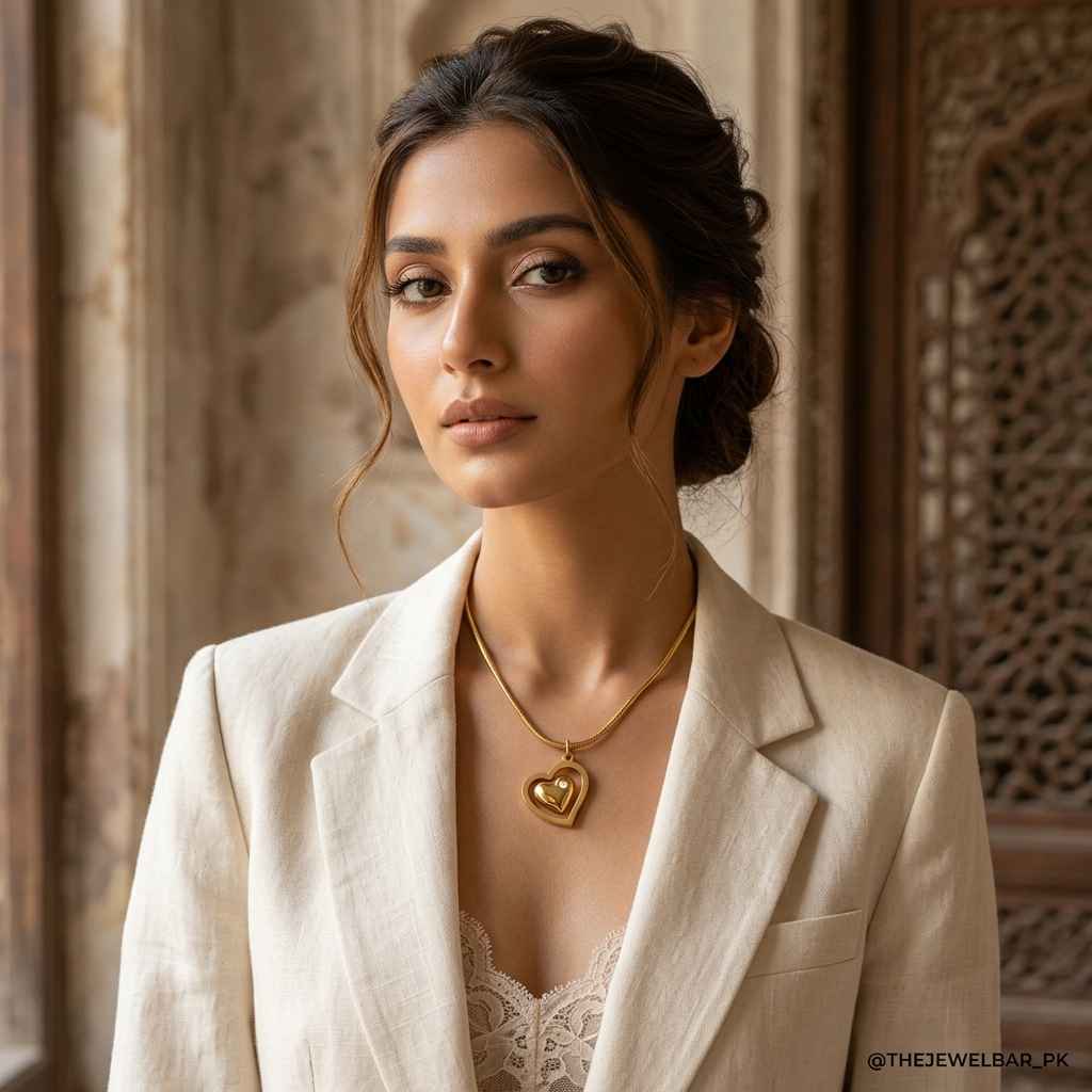 A woman wearing a gold heart pendant necklace with a polished finish, styled with a cream-colored blazer and lace top, set against an elegant, warm-toned background.