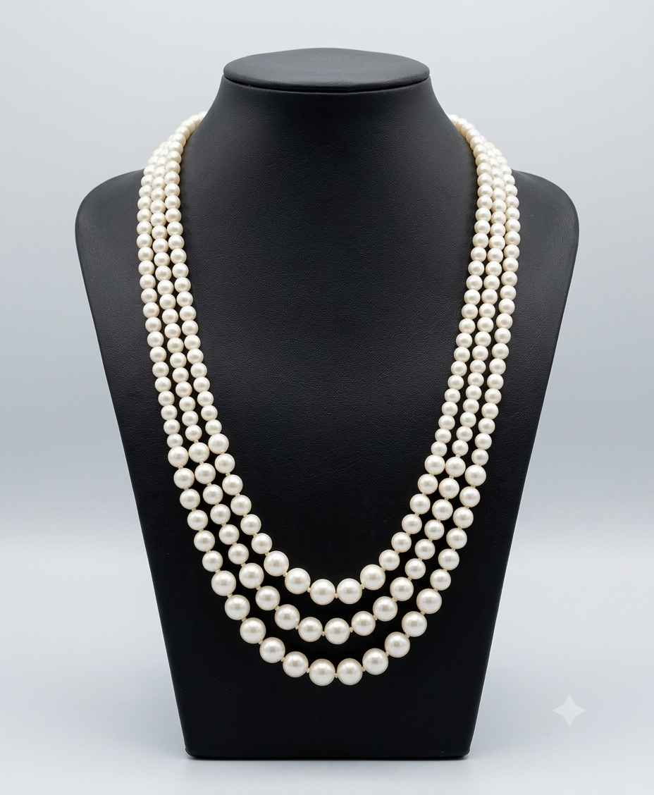 A multi-strand pearl necklace displayed on a black jewelry bust against a light gray studio background.