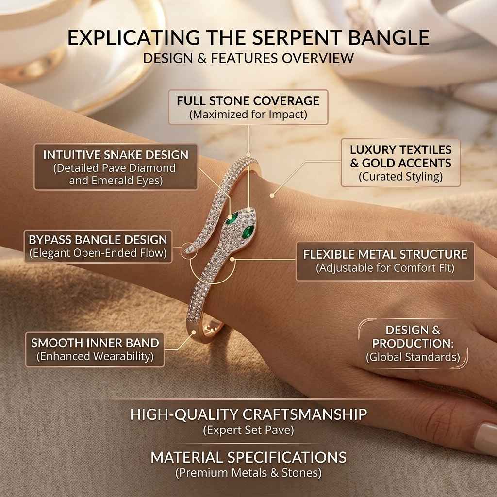 A close-up of a snake-shaped cuff bracelet being worn on a person's wrist, with multiple callout text boxes explaining features such as full stone coverage, bypass bangle design, and flexible metal structure. The background is softly blurred and warm-toned.