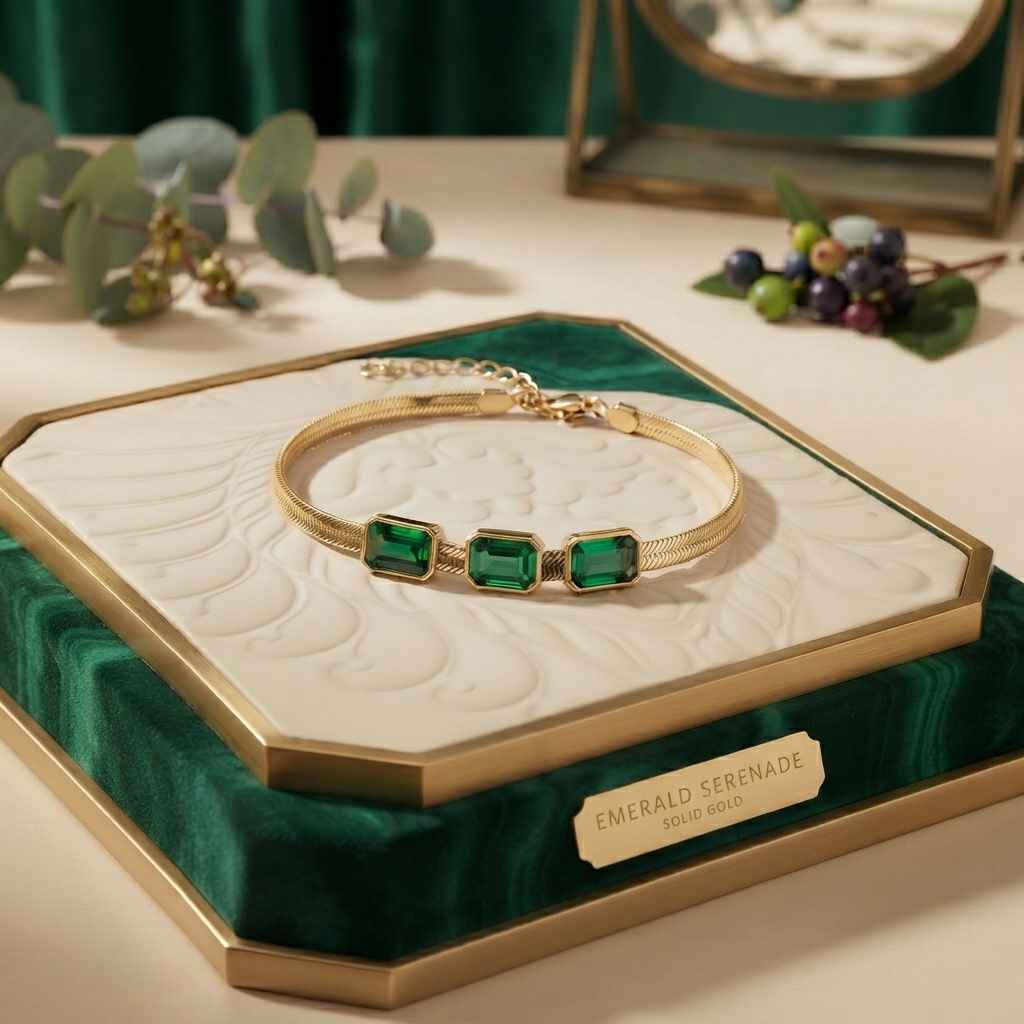 Gold bangle bracelet with three emerald-cut green gemstones, displayed on a white textured tray inside a green velvet jewelry box labeled 'EMERALD SERENADE GOLD 14K GOLD'.