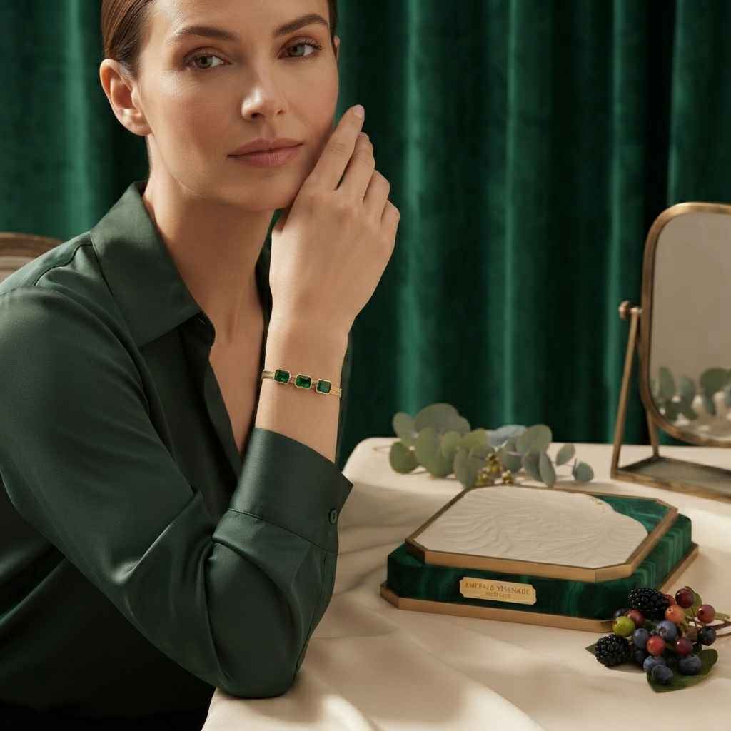 A woman in a dark green satin shirt rests her head on her hand, wearing a gold bracelet with green rectangular stones. In front of her on a cream tablecloth is a green velvet jewelry box with a gold plaque, a small mirror, and greenery, set against a dark green velvet curtain.