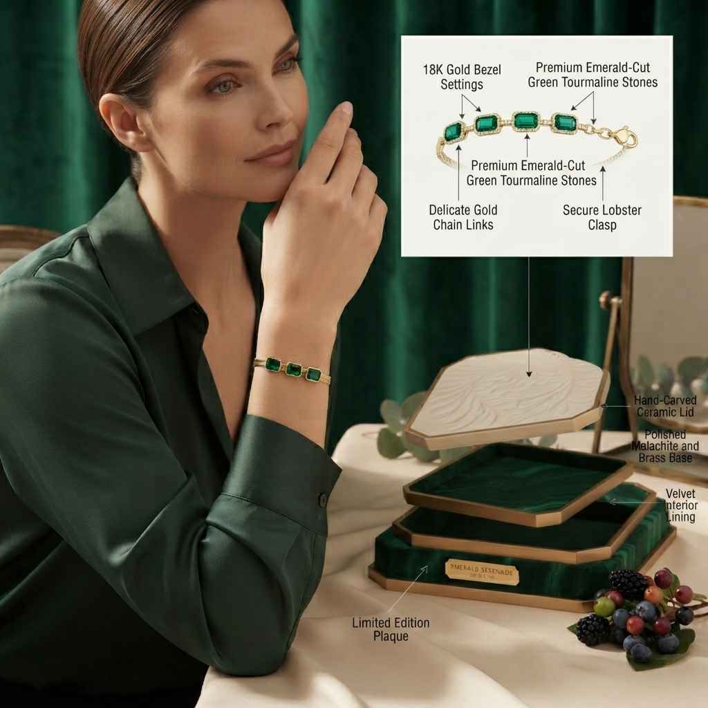 A woman in a dark green satin blouse wears a gold bracelet with emerald-cut green stones. The image includes an inset diagram of the bracelet with labeled details, a stack of green velvet boxes, and grapes on a table, set against a dark green curtain background.