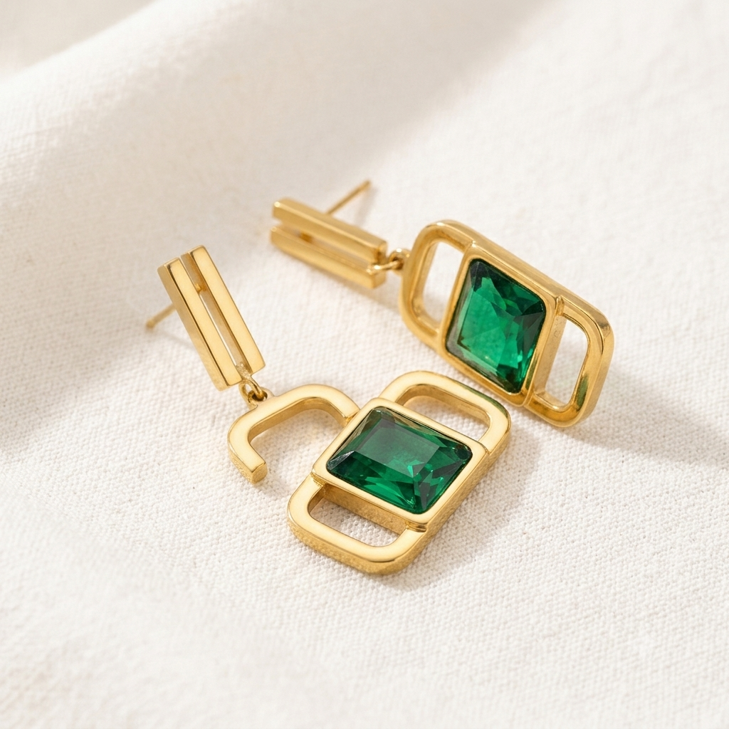 Geometric Rectangle Drop Earrings | Gold-Plated with Green Emerald-Cut Crystals