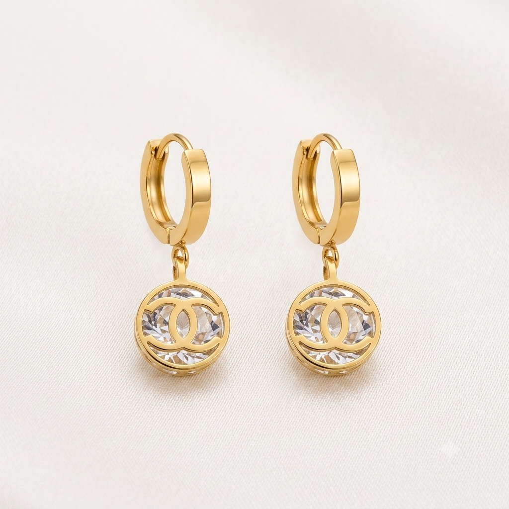 Interlocking C Crystal Huggie Drop Earrings | Gold-Plated Designer Hoop Earrings
