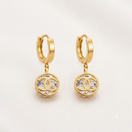 Interlocking C Crystal Huggie Drop Earrings | Gold-Plated Designer Hoop Earrings
