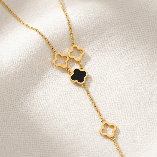 Black & Gold Clover Locket Lariat Necklace | Stainless Steel Y-Drop Locket Chain