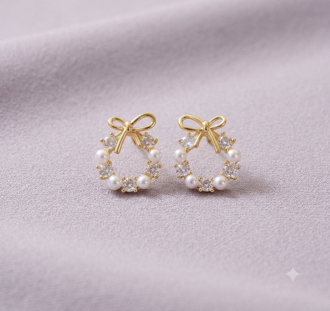 Pearl & Crystal Bow Wreath Stud Earrings