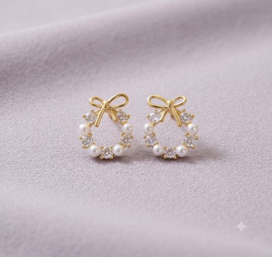 Pearl & Crystal Bow Wreath Stud Earrings