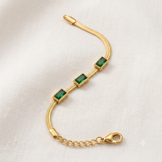 Emerald Crystal Gold Herringbone Bracelet