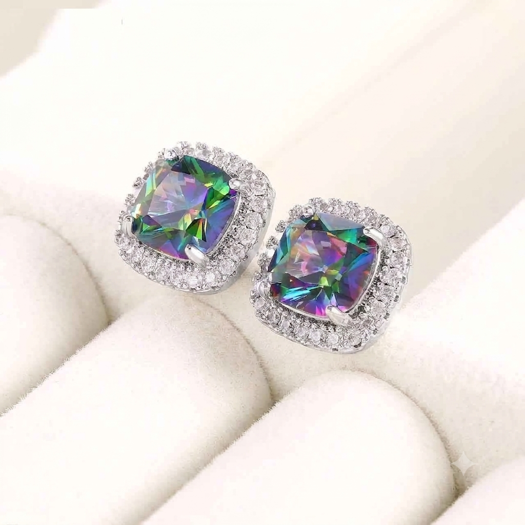 Mystic Topaz Halo Stud Earrings | Sterling Silver Cushion Cut