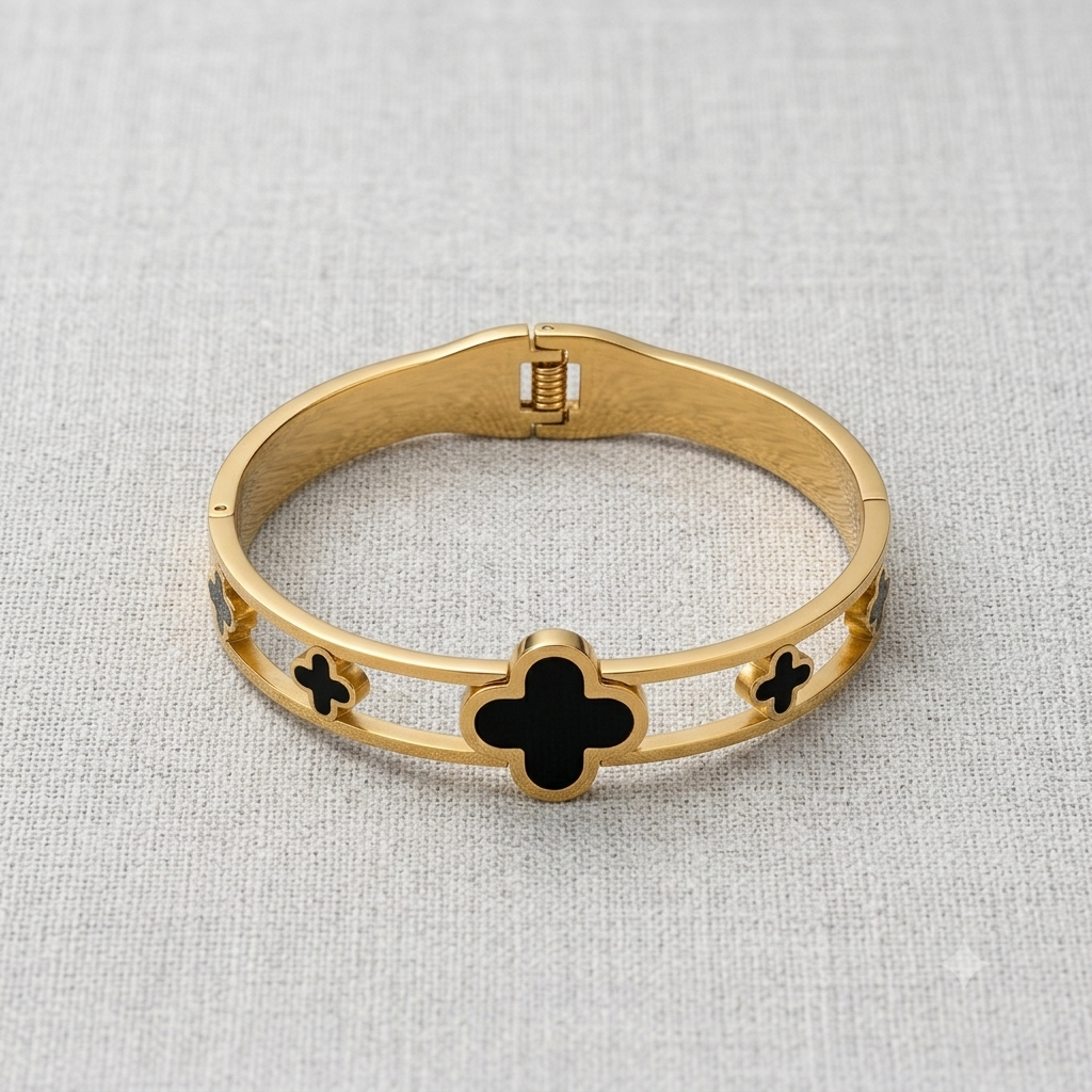Multi-Clover Hinged Cuff Bangle | Gold-Plated Black Clover Bracelet