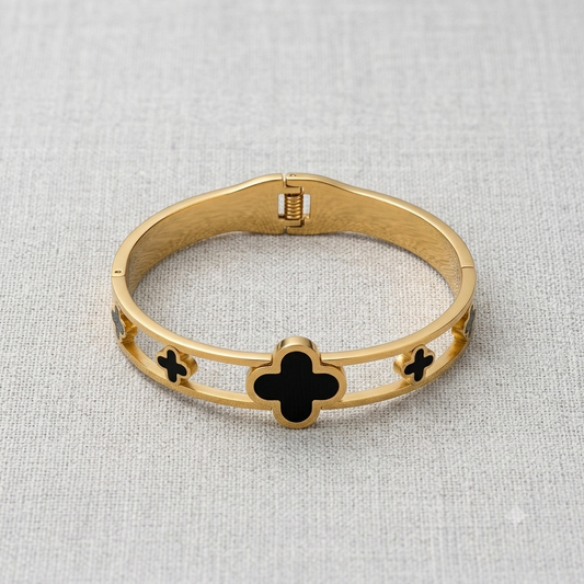 Multi-Clover Hinged Cuff Bangle | Gold-Plated Black Clover Bracelet