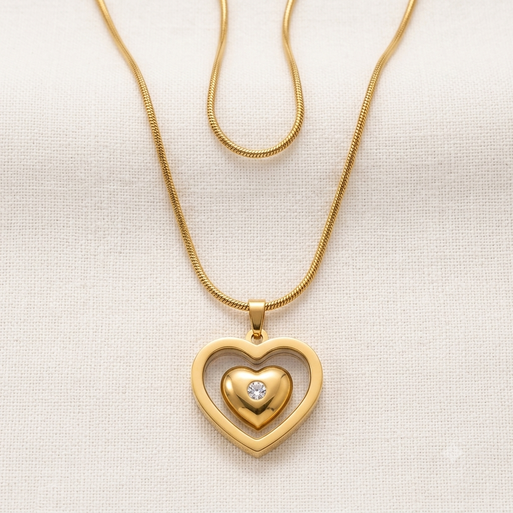 Gold Double Heart Crystal Pendant Necklace | Stainless Steel Snake Chain