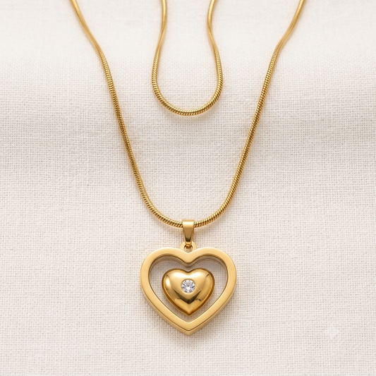 Gold Double Heart Crystal Pendant Necklace | Stainless Steel Snake Chain