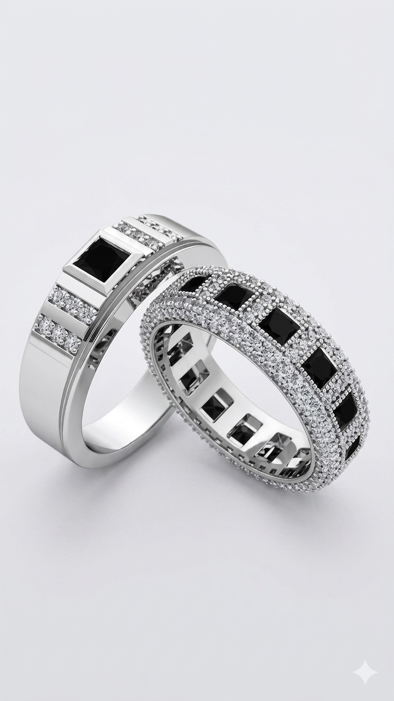 Bound by Love - Silver & Black Couple's Ring Set