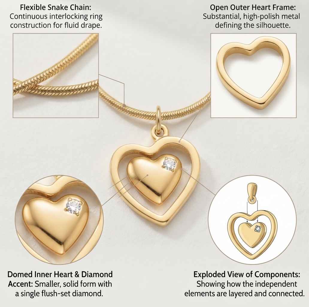 Gold heart pendant necklace with layered open heart design and a small diamond accent, shown on a light background with explanatory callout boxes and text about the chain, outer heart frame, inner heart, and exploded component view.