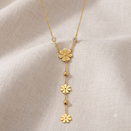 Gold Floral Crystal Lariat Locket Necklace | Stainless Steel Flower Drop Chain