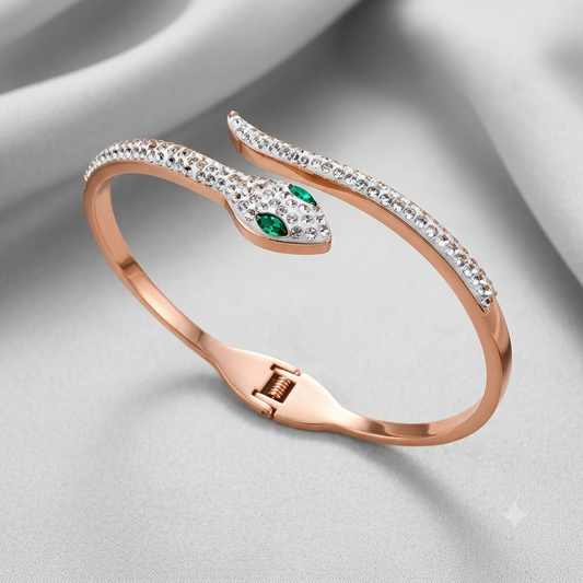 Emerald-Eyed Snake Pave Cuff Bangle | Rose Gold Serpent Bracelet