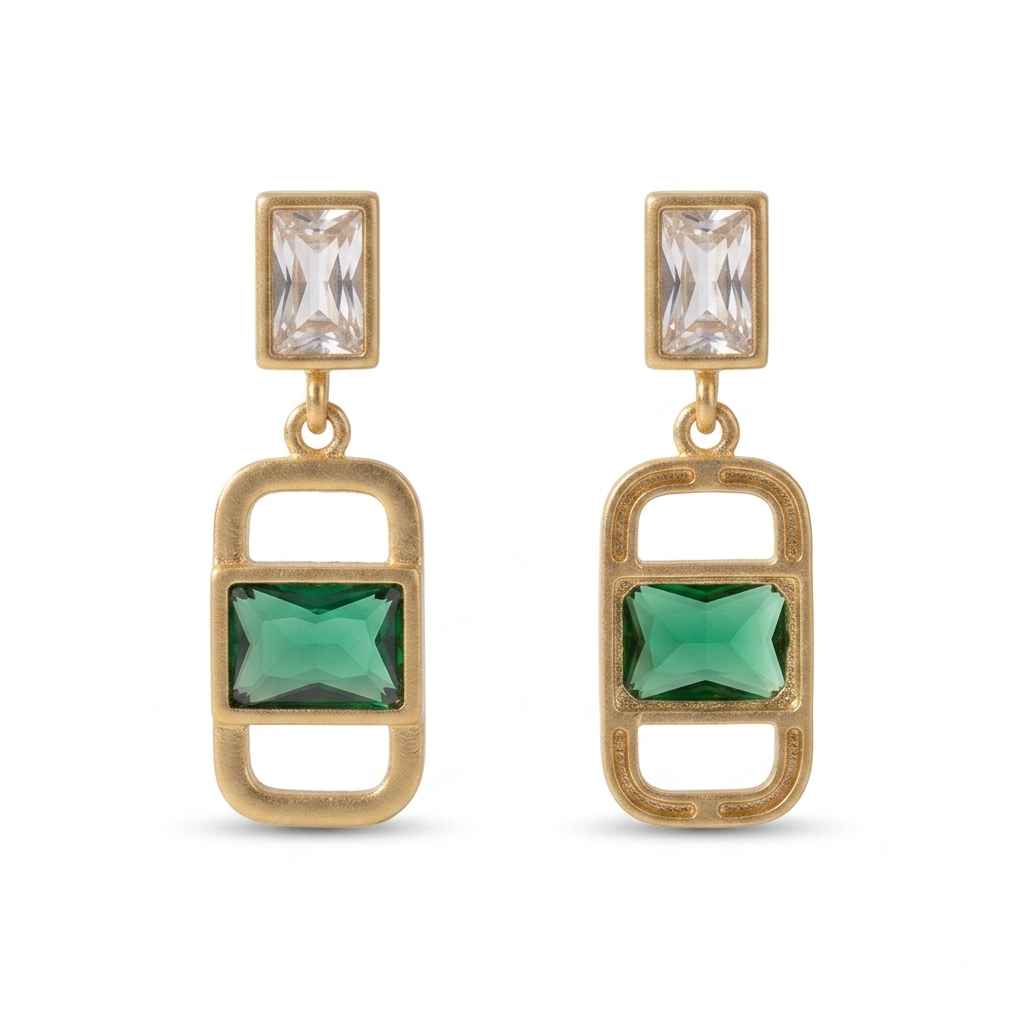 A pair of gold drop earrings featuring a clear rectangular baguette gemstone at the top and a green rectangular cushion-cut gemstone in a gold frame below, set against a plain white background.