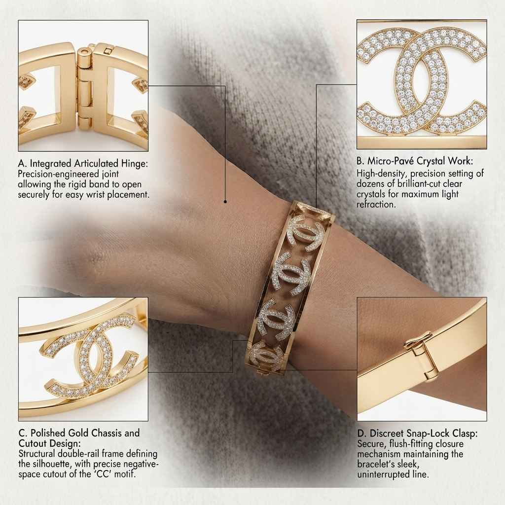 A gold-tone bangle bracelet with a pavé crystal CC motif is shown worn on a person's wrist. The image includes four labeled close-up panels explaining the bracelet's hinge, crystal work, polished chassis, and snap-lock clasp.