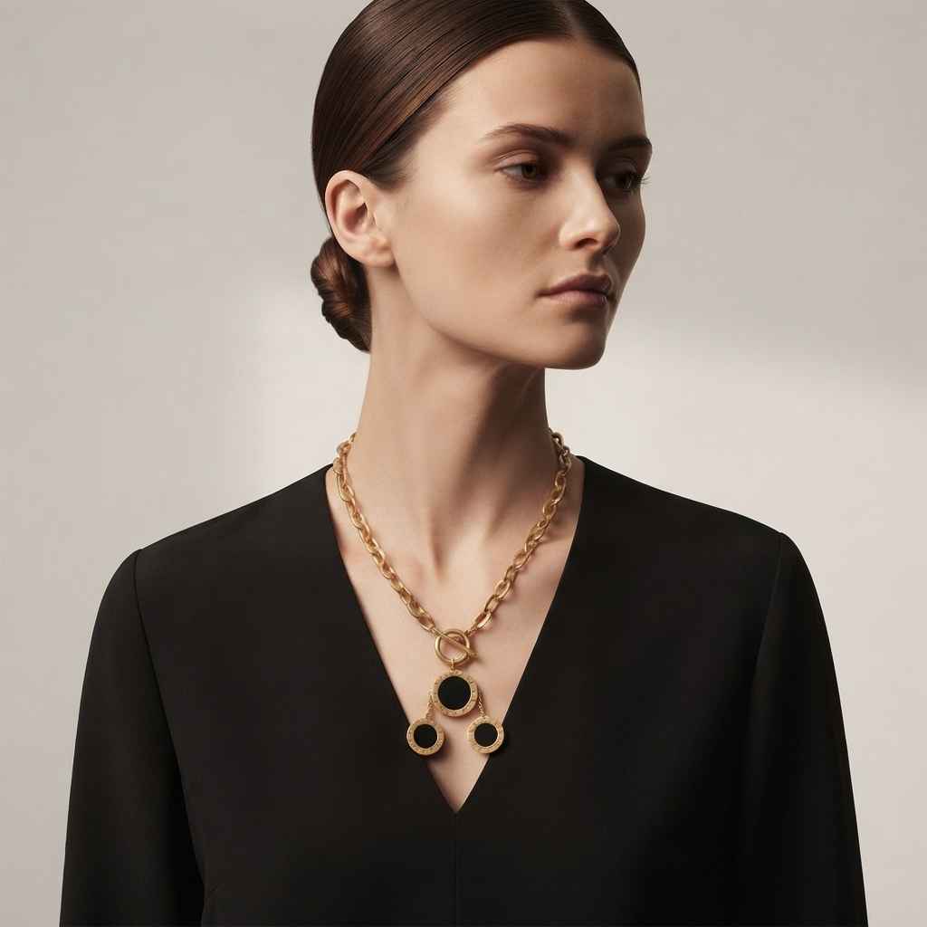 A woman wearing a gold chain necklace with three circular black and gold pendants, styled with a black V-neck top against a neutral light gray background.