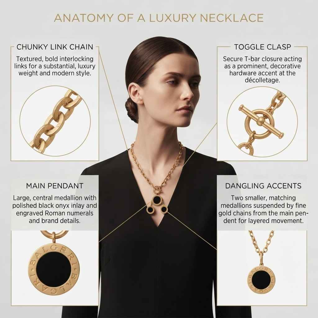 An infographic titled 'ANATOMY OF A LUXURY NECKLACE' shows a woman wearing a gold necklace with a large circular pendant, surrounded by callout boxes explaining features like chunky link chain, toggle clasp, main pendant, and dangling accents.