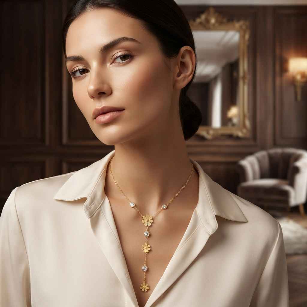 A woman wearing a delicate gold floral pendant necklace with clear gemstones, styled with a cream-colored collared blouse in an elegant, dark wood-paneled room.