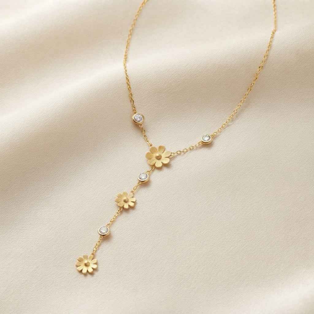 A delicate gold Y-shaped necklace with small flower charms and clear rhinestone accents, displayed on a soft beige satin fabric background.