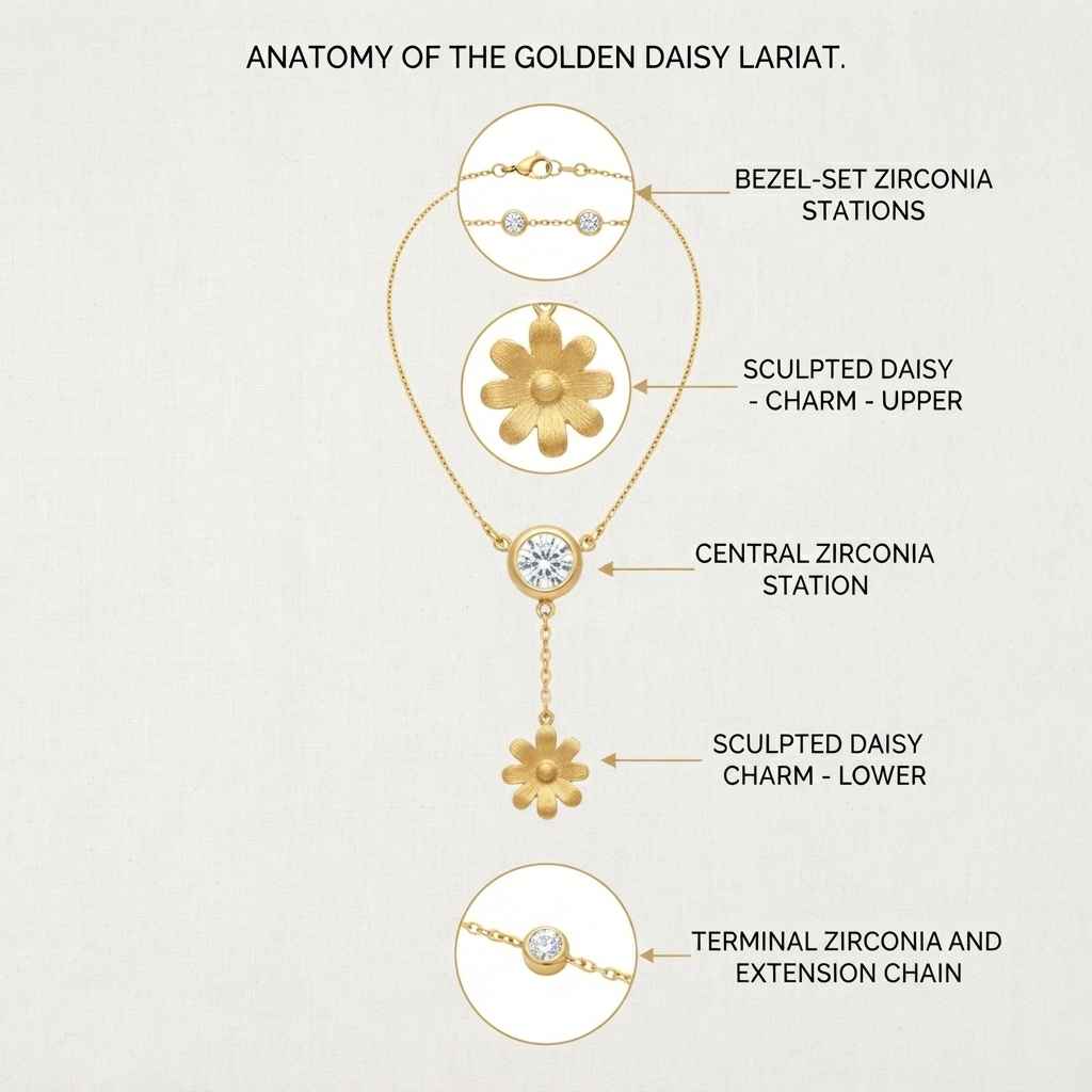 Anatomical diagram of a gold daisy lariat necklace, showing labeled close-up sections of bezel-set zirconia stations, a sculpted daisy charm upper piece, central zirconia station, sculpted daisy charm lower piece, and terminal zirconia and extension chain on a light beige background.