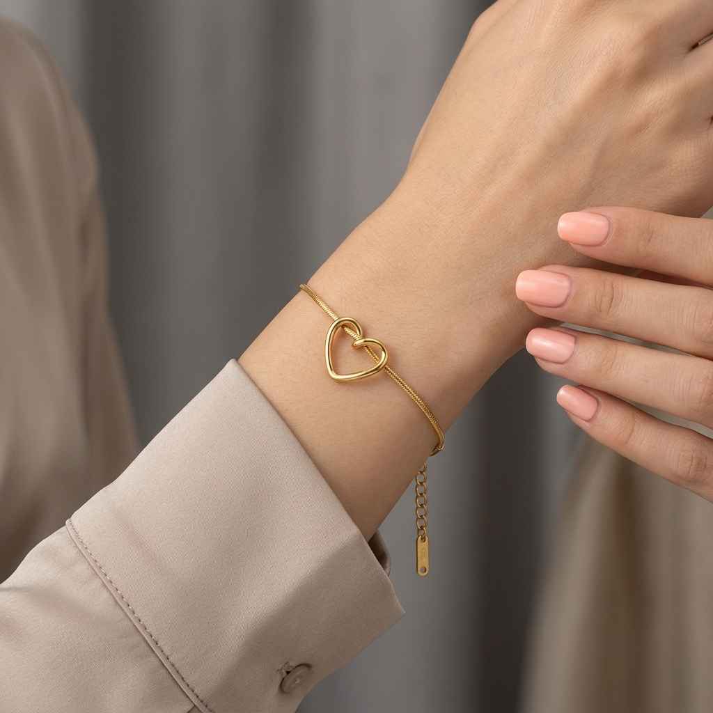 A delicate gold bracelet with an interlocking open heart design and a small dangling tag, shown worn on a person's wrist with manicured nails visible.