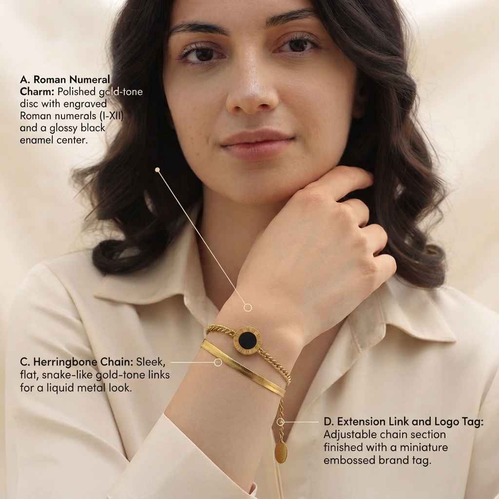 A close-up lifestyle shot of a woman wearing a gold herringbone chain bracelet with a black circular charm. The image includes text callouts identifying the bracelet's features: A Roman Numeral Charm, C.