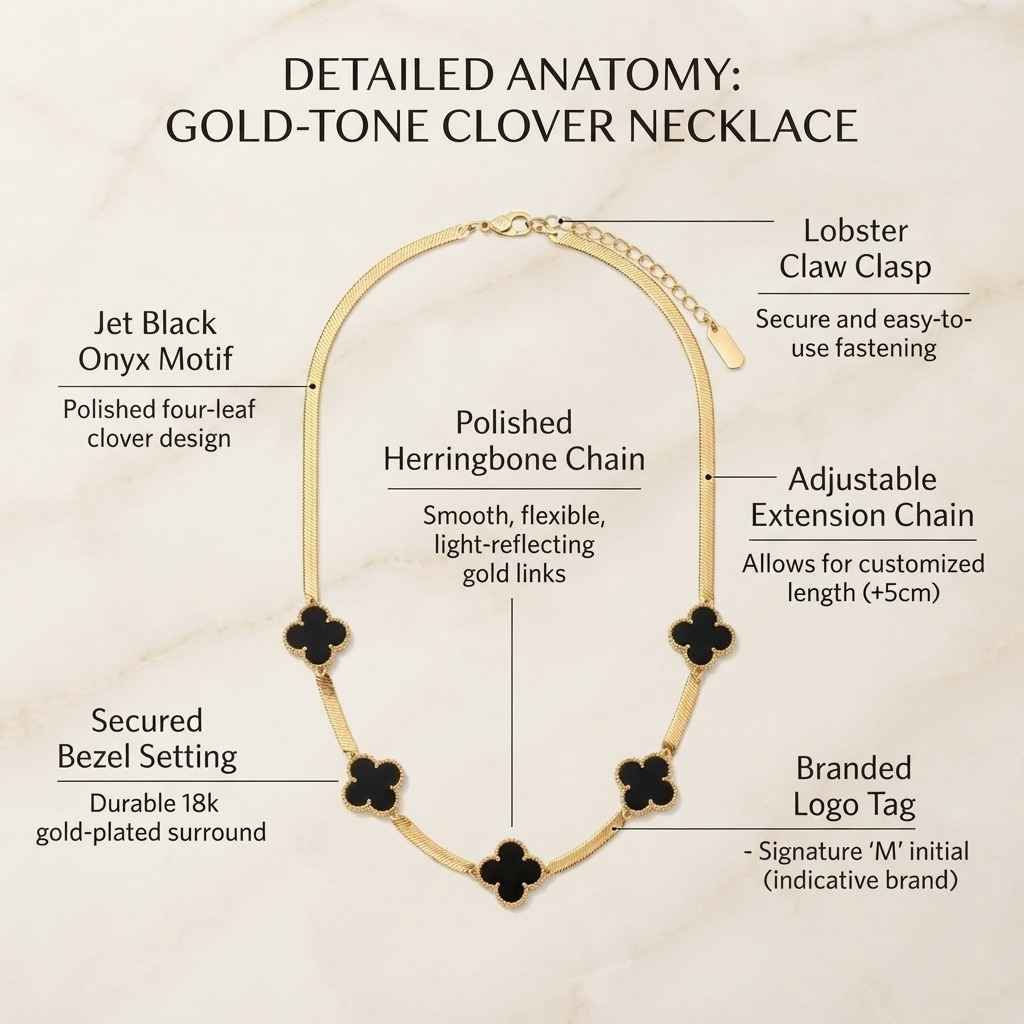 An educational infographic labeled 'DETAILED ANATOMY: GOLD-TONE CLOVER NECKLACE' showing a gold-tone clover necklace with callout lines and text identifying parts such as the lobster claw clasp, herringbone chain, bezel setting, and logo tag on a light beige background.