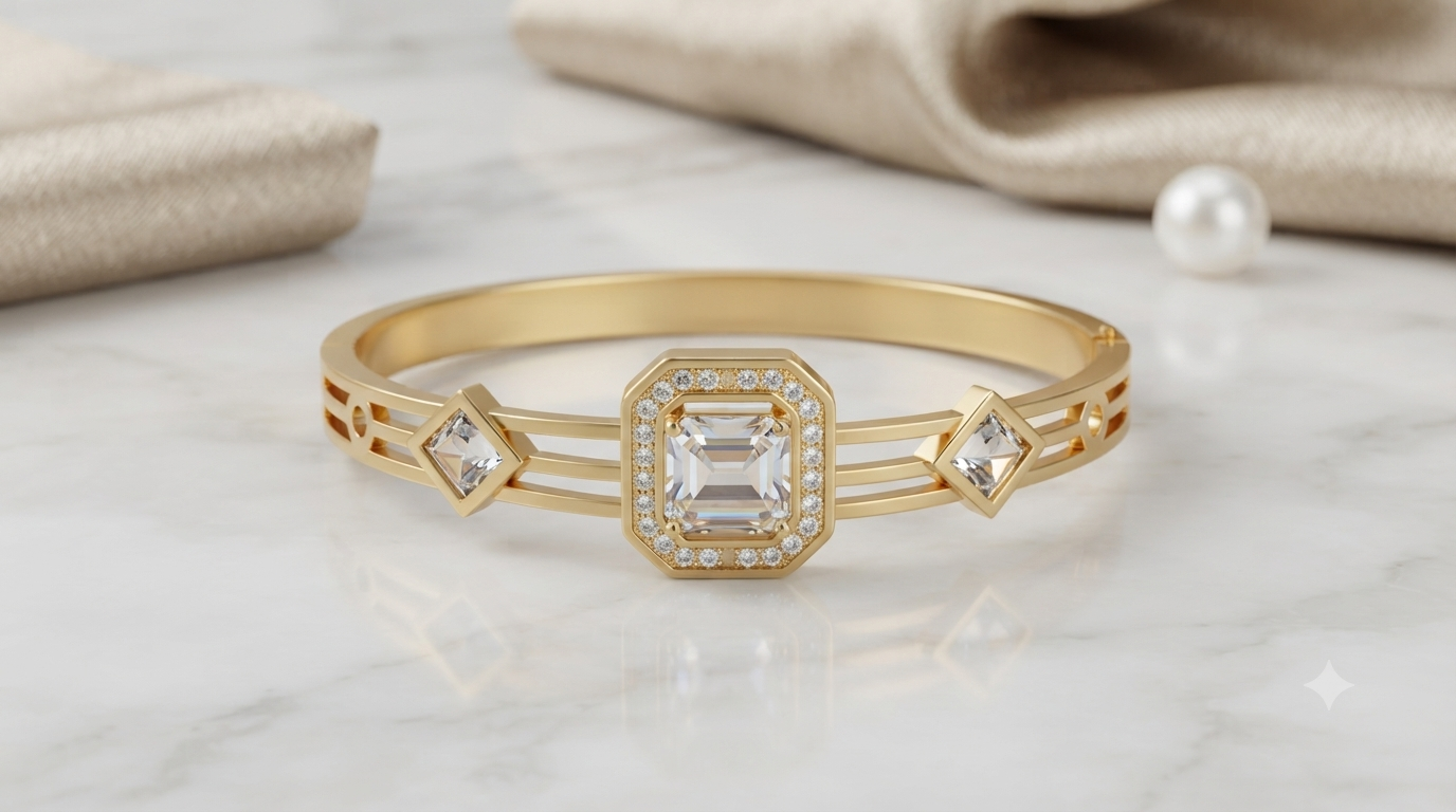 Geometric Octagon Crystal Bangle | Gold-Plated Emerald-Cut Statement Bracelet