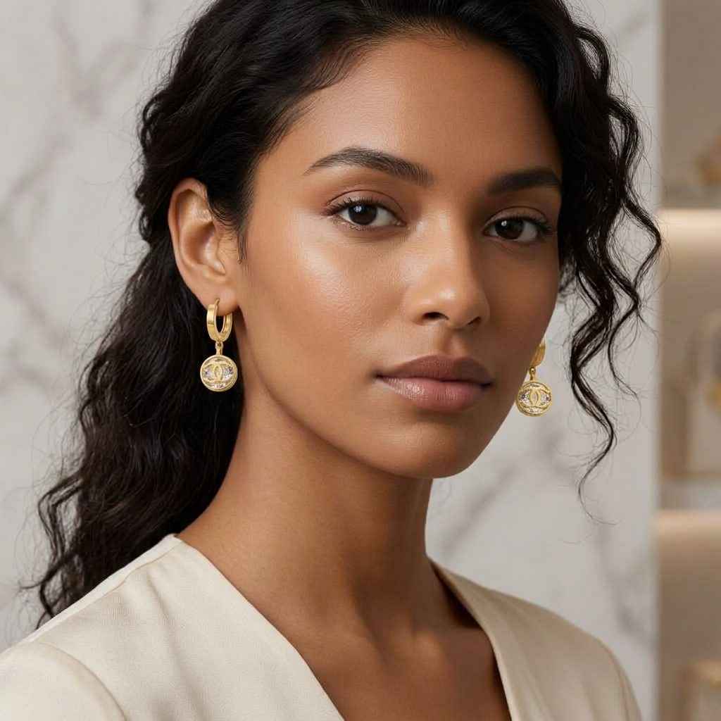 A close-up portrait of a woman wearing gold dangle earrings with circular medallion charms, paired with a cream-colored top against a softly blurred indoor background.