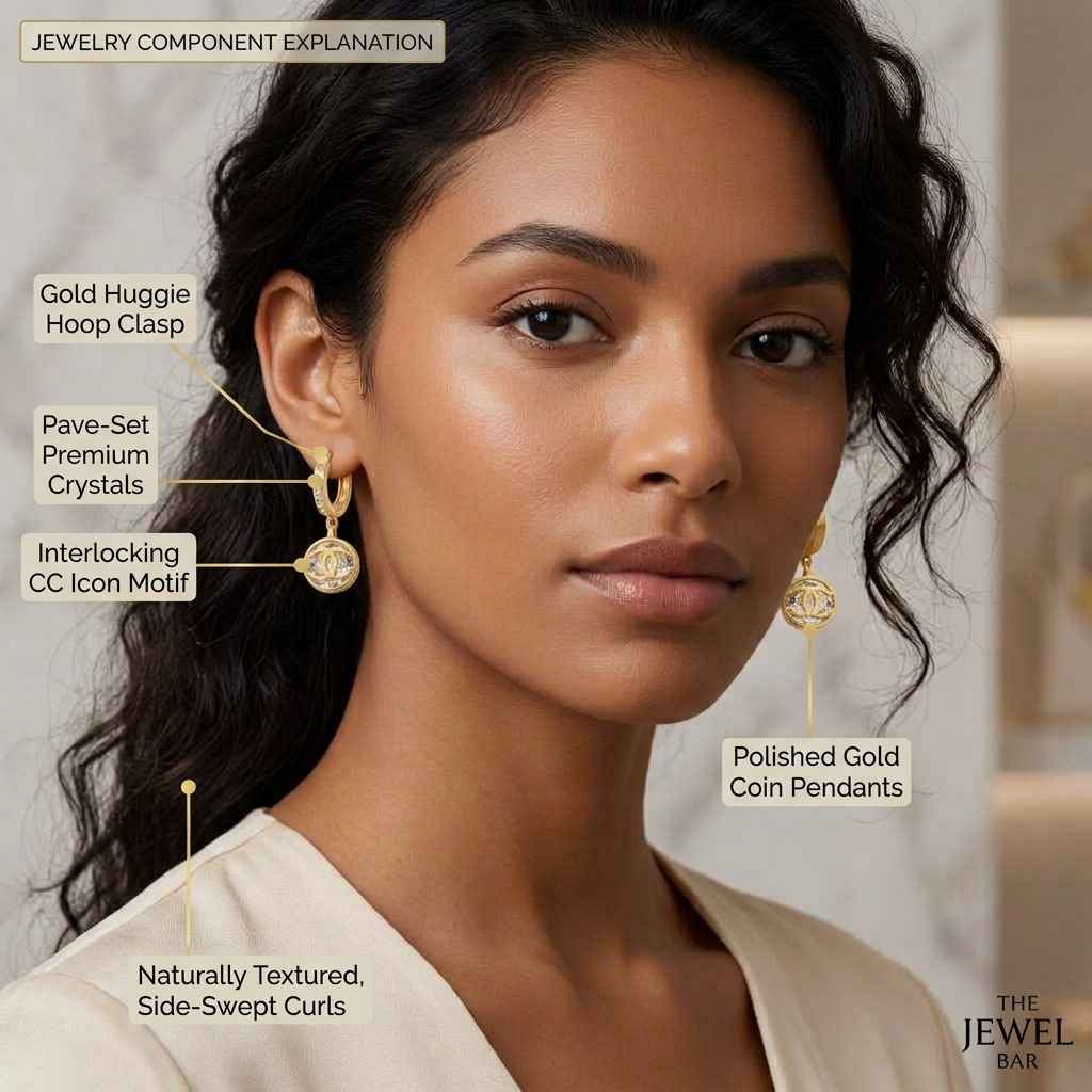 A close-up of a woman wearing gold huggie hoop earrings with callout labels identifying parts and materials, including gold huggie hoop clasp, pave-set premium crystals, interlocking CC icon motif, and polished gold coin pendants. The image includes text reading 'JEWELRY COMPONENT EXPLANATION' and 'THE JEWEL BAR' in the corner.
