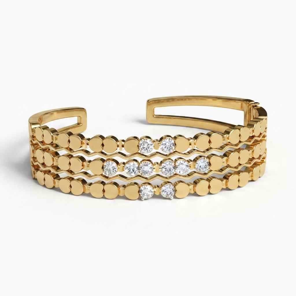 A gold-toned multi-row cuff bracelet featuring rows of small round gold beads and several clear round-cut stones, photographed on a clean white background.