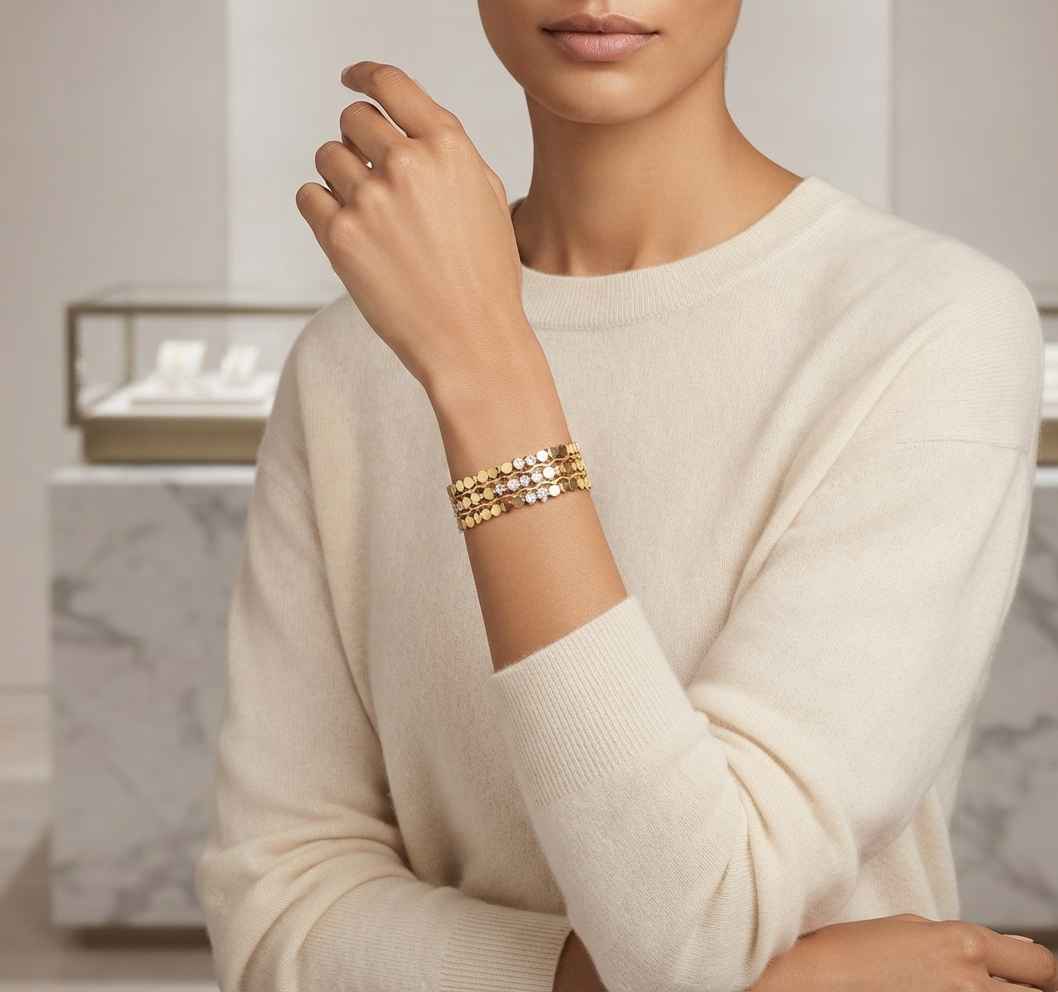 A close-up of a model wearing a delicate three-band bracelet with alternating yellow gold and white gold sections, styled with a cream knit sweater in a softly lit jewelry boutique.