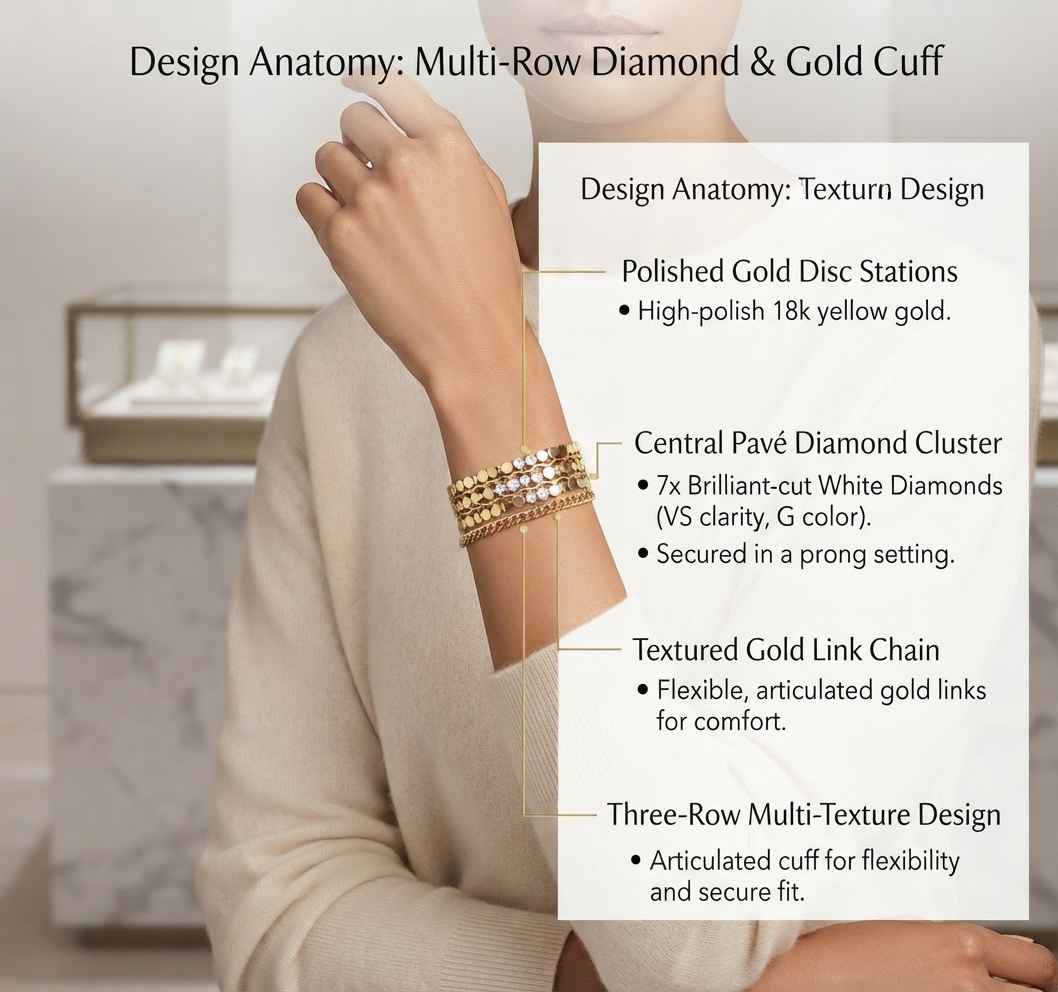 A model wearing a three-row diamond and gold cuff bracelet, with an educational text overlay detailing the design anatomy of the ring.