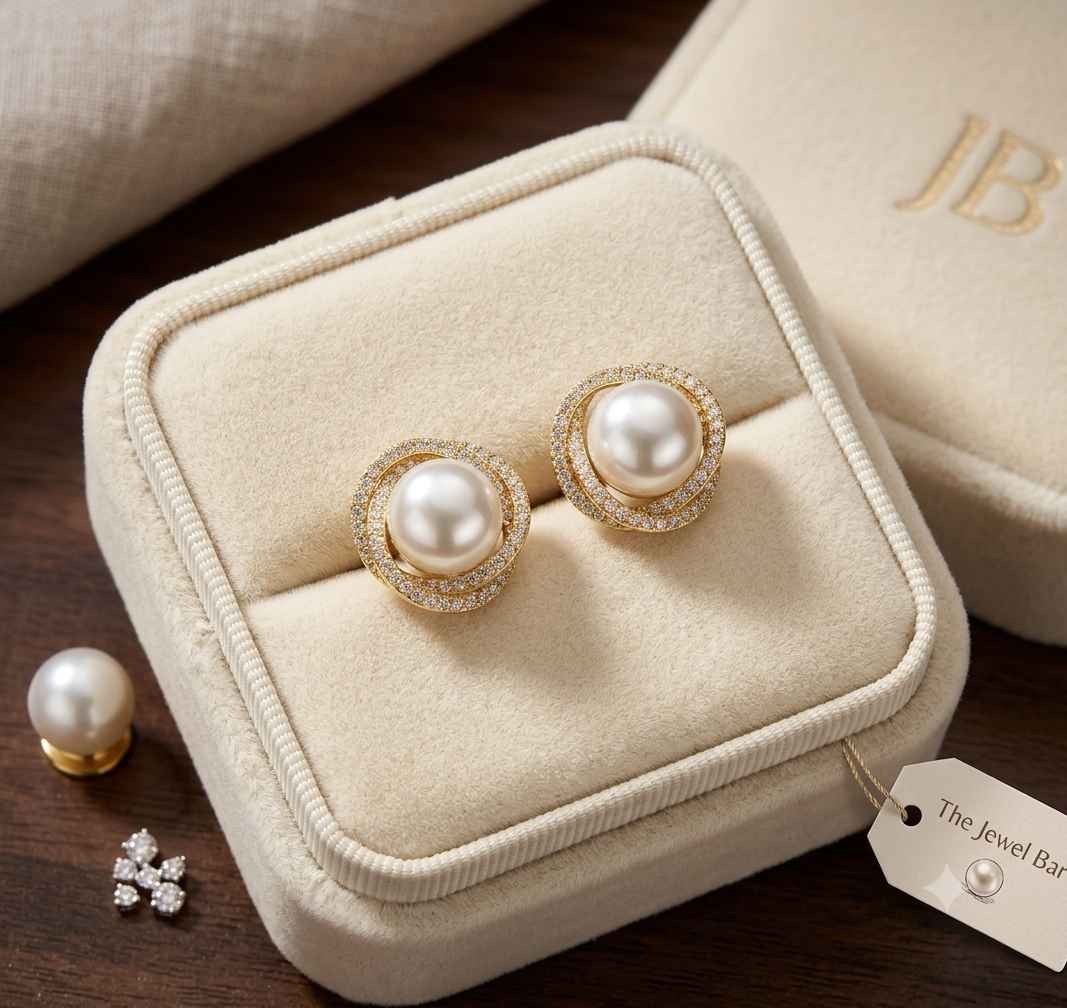 Gold-toned pearl stud earrings with halo detailing, displayed in a cream velvet jewelry box on a dark wood surface, with a loose pearl and small silver setting visible nearby.