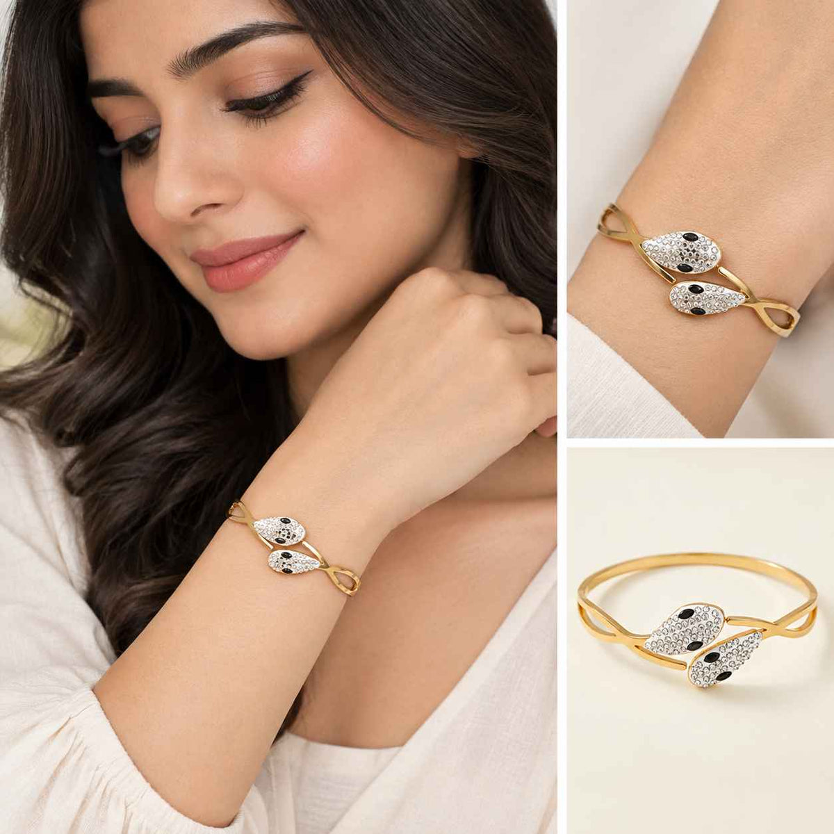 A collage showing a gold wrap bracelet with two leaf-shaped charms, one set with clear stones and one with black stones, worn on a woman's wrist and shown in close-up on a model's arm and as a standalone product shot.